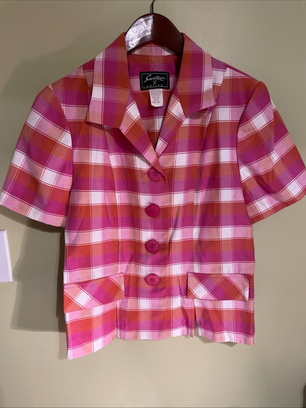 Sweet Pea Pink & Orange Plaid Short Sleeve Button Jacket